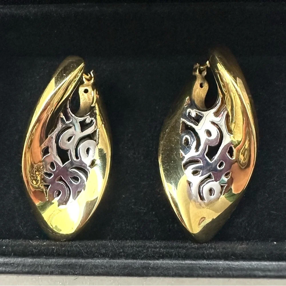 14k Golden Clef Arezzo Yellow & White Gold Polished Cutout Post Earrings 4.5g